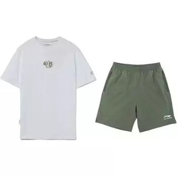 Li-Ning Embroidered Logo Knitted Breathable Comfortable Round Neck Pullover Short Sleeve T-Shirt Casual Sports Set Unisex Tops AHST821-1+YKSV147-1 XL