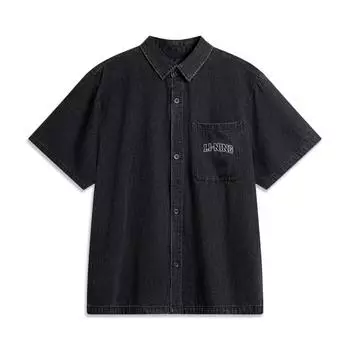 Li-Ning Embroidered Logo Print Sports Wash Denim Short Sleeve Shirt Men shirts Black ASHU477-2 S