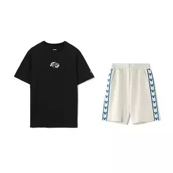 Li-Ning Embroidered Logo Pullover Short Sleeve Fashion Comfortable Shorts Casual Sports Suit Unisex suit AHST821-2+YKSV129-1 S