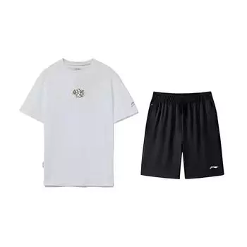 Li-Ning Embroidered Logo Round Neck Pullover Short Sleeve Fashion Breathable Versatile Shorts Casual Sports Suit Unisex suit AHST821-1+AKSV843-1 XL