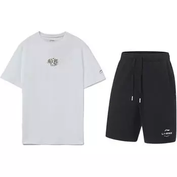 Li-Ning Embroidered Logo Round Neck Pullover Short Sleeve T-Shirt Comfortable Versatile Breathable Shorts Casual Sports Set AHST821-1+AKST543-3 XL