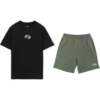 Li-Ning Embroidered Logo Simple Fashion Breathable Round Neck Pullover Short Sleeve T-Shirt Casual Sports Set Unisex Tops AHST821-2+YKSV147-1 S