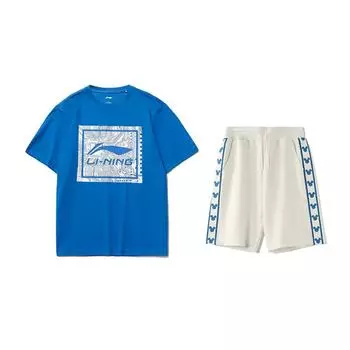 Li-Ning Fashion Logo Print Round Neck Top Comfortable Versatile Skin-Friendly Shorts Casual Sports Suit Unisex sets AHSUA15-3+YKSV129-1 S