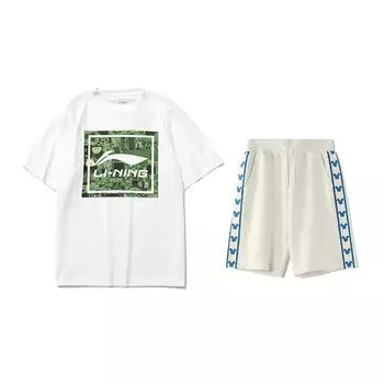 Li-Ning Fashion Logo Print Round Neck Short Sleeve T-Shirt Comfortable Versatile Skin-Friendly Shorts Casual Sports Suit AHSU999-1+YKSV129-1 S