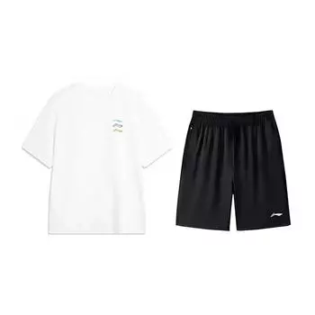 Li-Ning Fashion Simple Logo Print Versatile Comfortable Round Neck Pullover Short Sleeve T-Shirt Casual Sports Suit Unisex Tops YHSV371-2+AKSV843-1 L