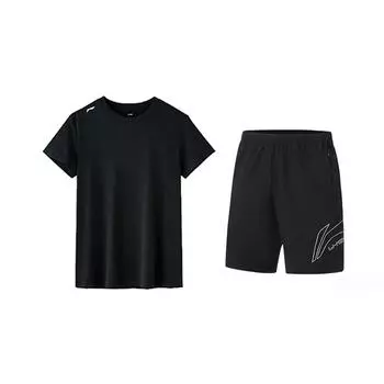 Li-Ning Fashion Simple Solid Color Round Neck Short Sleeve Double Logo High Waist Five Point Shorts Casual Sports Suit Unisex Suit ATSV597-2+YKSV117-1 L