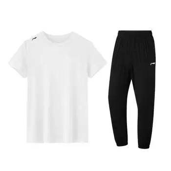Li-Ning Fashion Solid Color Quick-Dry Short Sleeve T-Shirt Elastic Breathable Simple Ice Silk Pants Casual Sports Suit Men suit ATSV597-1+AYKT415-1 M