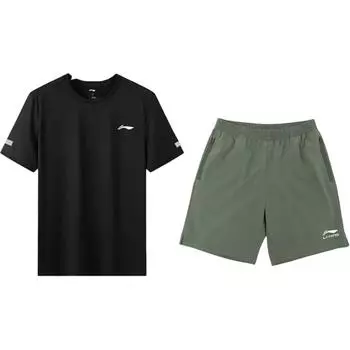 Li-Ning Fashionable Breathable Comfortable Round Neck Pullover Short Sleeve T-Shirt Casual Sports Set Unisex Tops YTSU163-3+YKSV147-1 S