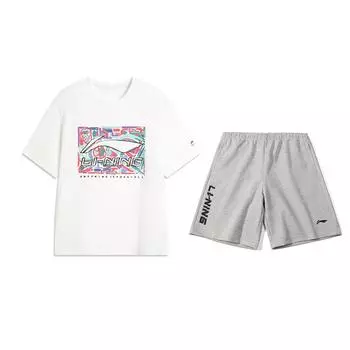 Li-Ning Fashionable Comfortable Short Sleeve T-Shirt And Casual Sports Set Unisex Tops, Bottoms AHSV291-1+YKSV131-1 S
