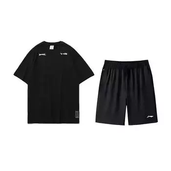 Li-Ning Fashionable Tie-Dye Letter Logo Round Neck Short Sleeve T-Shirt Casual Sports Set Unisex Tops YHSU189-1+AKSV843-1 L
