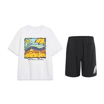 Li-Ning Fashionable Versatile Cartoon Print Short Sleeve T-Shirt Large Logo Quick-Dry Elastic Shorts Casual Sports Suit AHST543-1+YKSV197-2 XL