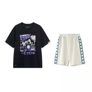 Li-Ning Fashionable Versatile Comfortable Short Sleeve T-Shirt And Shorts Sports Set Unisex Sports Set YHSU207-1+YKSV129-1 S