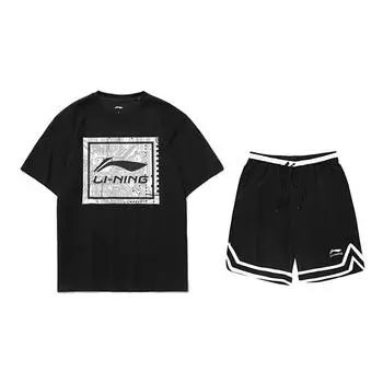 Li-Ning Fashionable Versatile Printed Round Neck Short Sleeve Casual Sports Suit Unisex suit Black AHSUA15-2+YAPV001-1 M