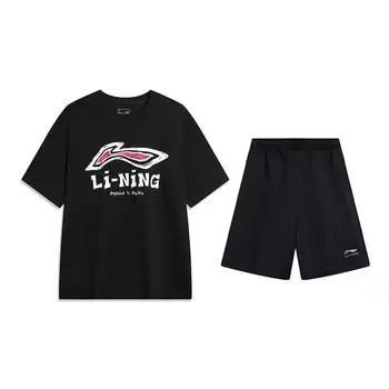 Li-Ning Fashionable Versatile Quick-Dry Cool Short Sleeve Casual Sports Suit Unisex suits Black AHSU711-1+YKST119-1 L