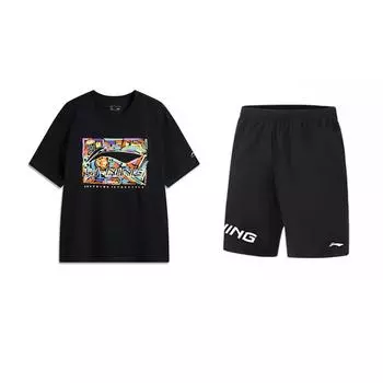 Li-Ning Fashionable Versatile Sweat-Absorbing Breathable Casual Sports Suit Unisex suit Black AHSV291-2+YKSV113-1 XL