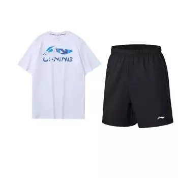 Li-Ning Fitness Series Logo Print Quick-Dry Short Sleeve Loose Simple Five-Point Pants Casual Sports Set Unisex sets AAPU217-1+AHSU975-2 XL