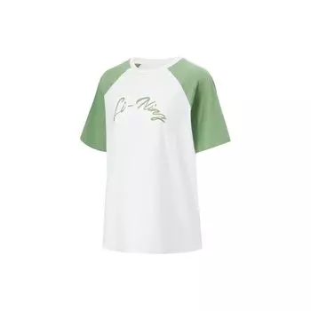 Li-Ning Fitness Series Spliced Letter Round Neck Loose Short Sleeve Raglan T-Shirt Women Tops Standard-White Stone-Green ATSU462-1 XL
