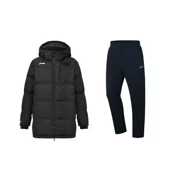 Li-Ning Fleece Lined Thick Hooded Loose Long Sleeve Top Comfortable Long Pants Casual Sports Suit Unisex suit Black AYMU721-1+AKLT243-1 S