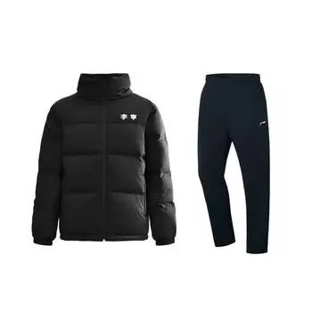 Li-Ning Fleece Thickened Letter Print Stand Collar Loose Long Sleeve Elastic Waist Pants Casual Sports Suit Unisex suit Black AYMU609-7+AKLT243-1 S
