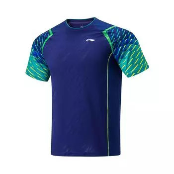 Li-Ning Fluorescent Color Block Breathable Quick-Dry Stretch Round Neck Short Sleeve Raglan T-Shirt Unisex Tops Blue AAYU035-2 L