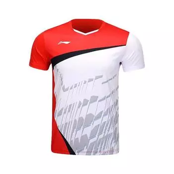 Li-Ning Full Print Spliced V-Neck Pullover Short Sleeve Badminton Shirt Unisex tops Cinnabar-Red AAYU147-2 M