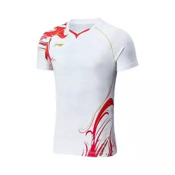 Li-Ning Футболка для бадминтона с коротким рукавом и V-образным вырезом, цвет «цветной блок», унисекс, стандартный белый AAYU229-2 S