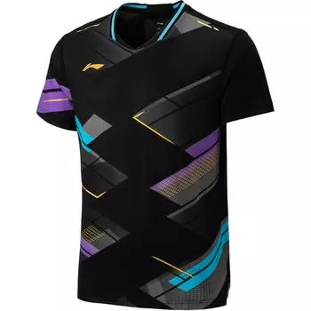Li-Ning Футболка для бадминтона серии Color Block с V-образным вырезом, дышащая, с коротким рукавом, унисекс, топы черного цвета AAYU227-1 S