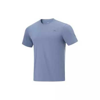 Li-Ning Футболка Fitness Series с коротким рукавом и круглым вырезом, быстросохнущая, однотонная, мужская, цвет пыльно-голубой ATSU473-5 M