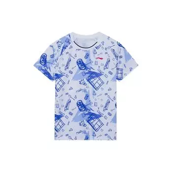 Li-Ning Футболка мужская с коротким рукавом и круглым вырезом, быстросохнущая, с рисунком, напечатанным вручную, синяя AHSS465-2 L