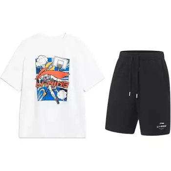 Li-Ning Футболка пуловер с круглым вырезом и короткими рукавами с принтом мультяшного логотипа и букв, модная, удобная, универсальная, шорты, повседневный спортивный костюм AHSU805-2+AKST543-3 S