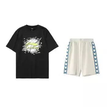 Li Ning Футболка с баскетбольным принтом, с круглым вырезом, с короткими рукавами, удобная, приятная к коже, универсальные шорты, повседневный спортивный костюм AHSUA05-2+YKSV129-1 M