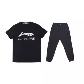 Li-Ning Футболка с буквами и спортивные штаны с манжетами на средней талии, повседневный спортивный комплект для мужчин, черный цвет YHST177-1+YYKT063-1 XL