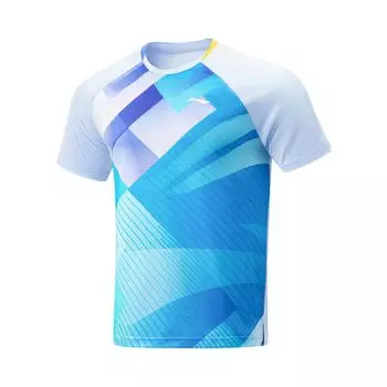 Li-Ning Футболка с геометрическим рисунком, контрастная, влагоотводящая, быстросохнущая, с круглым вырезом и коротким рукавом, реглан, унисекс, цвет Ice-River-Blue AAYU031-4 L