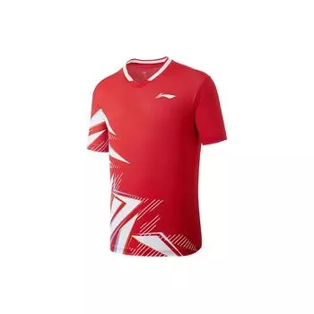 Li-Ning Футболка с коротким рукавом Color Block Quick Dry Cool Competition унисекс, топы Cinnabar-Red Standard-White AAYU135-3 S