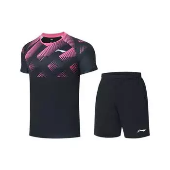 Li-Ning Футболка с коротким рукавом и шортами с цветным принтом логотипа, быстросохнущая, повседневный спортивный комплект унисекс, черный AATS093-4 XL