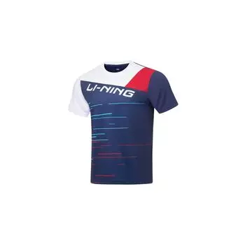 Li-Ning Футболка с коротким рукавом и цветным принтом в виде букв, унисекс, темно-синего цвета AAYT069-1 S