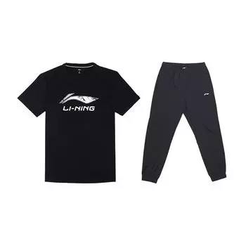 Li-Ning Футболка с коротким рукавом и круглым вырезом, логотипом и эластичным поясом, спортивные штаны, повседневный спортивный комплект для мужчин, черный цвет YHST165-2+YYKT063-1 S