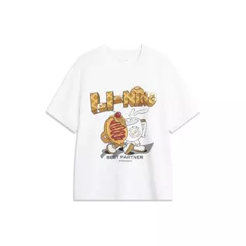Li-Ning Футболка с коротким рукавом и круглым вырезом с мультяшным логотипом, унисекс, стандартная белая AHST935-1 S