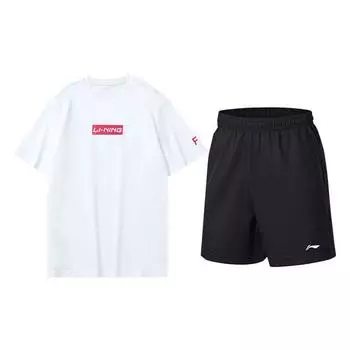 Li-Ning Футболка с коротким рукавом и шортами, однотонная, с принтом логотипа, повседневный спортивный комплект для мужчин, белый, черный, AHSS481-2+AKSS445-1 3XL