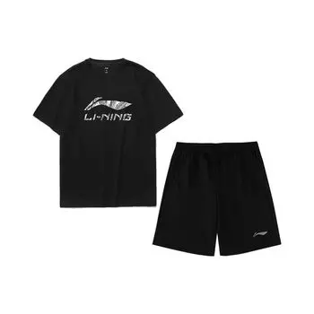 Li-Ning Футболка с коротким рукавом и принтом логотипа, свободные шорты с пятью точками, повседневный спортивный комплект для мужчин, черный ATST631-1+AKST453-1 S
