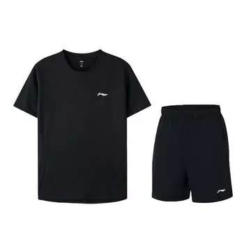 Li-Ning Футболка с коротким рукавом, однотонная, с круглым вырезом и логотипом, быстросохнущая, дышащая, спортивная, для бега, фитнеса, шорты, комплект для мужчин, активная одежда YTST073-2+AKST633-1 S