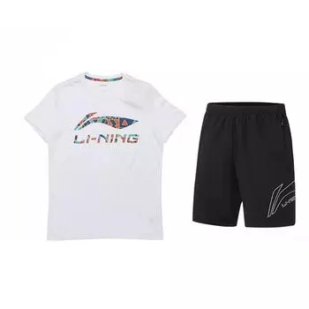 Li Ning Футболка с круглым вырезом и надписью, универсальная, дышащая, с коротким рукавом, шорты со средней посадкой, повседневный спортивный комплект, унисекс, комплекты AHSUA19-1+YKSV117-1 L