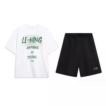 Li Ning Футболка с круглым вырезом и надписью, дышащая, универсальная, с коротким рукавом и шорты со средней посадкой, повседневный спортивный комплект, унисекс комплекты AHSU803-1+AKSV291-1 M