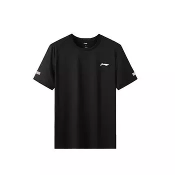 Li-Ning Футболка с круглым вырезом и буквенным принтом, свободная посадка, спущенные плечи, дышащая, прямого кроя, модная, с коротким рукавом, мужские топы, черного цвета YTSU163-3 S