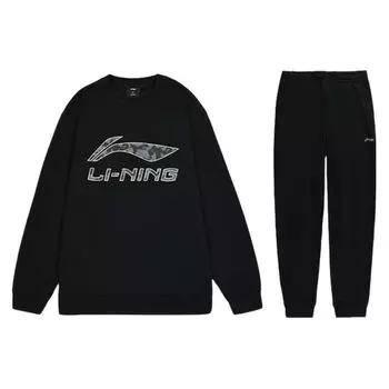 Li-Ning Футболка с круглым вырезом и принтом логотипа, флисовые спортивные штаны и толстовка с капюшоном, мужские спортивные штаны и толстовка с капюшоном, черные AWDTC71-1+AKLSC99-1 M