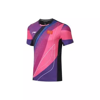 Li-Ning Футболка с круглым вырезом и коротким рукавом с цветным принтом, мужская, флуоресцентно-розовая, лотосовая, AAYT027-1 L