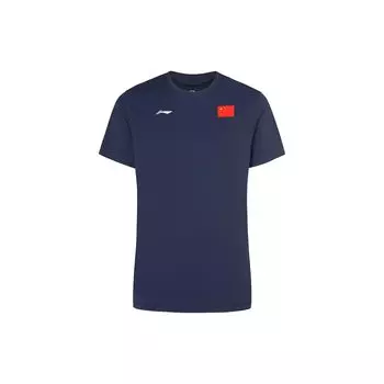 Li-Ning Футболка с круглым вырезом и принтом национального флага, унисекс, футболки с коротким рукавом, темно-синие ATSS961-1 L
