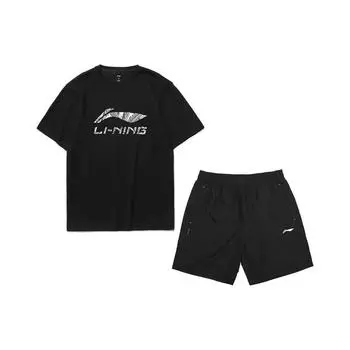 Li-Ning Футболка с круглым вырезом и логотипом Sport Life Series, быстросохнущие шорты, повседневный спортивный комплект, мужские комплекты, черный цвет ATST631-1+YKST061-1 3XL
