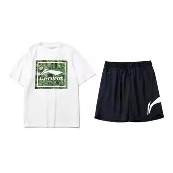 Li Ning Футболка с логотипом, модная, удобная, универсальная, с круглым вырезом, пуловер, с коротким рукавом, повседневный спортивный костюм, унисекс, топы AHSU999-1+YKSV197-2 L