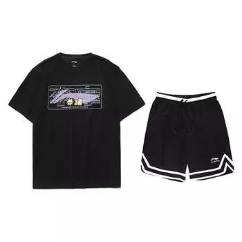 Li Ning Футболка с мультяшным рисунком свободного кроя с круглым вырезом и короткими рукавами и однотонные шорты повседневный спортивный комплект унисекс комплекты черный AHSUA23-2+YAPV001-1 S